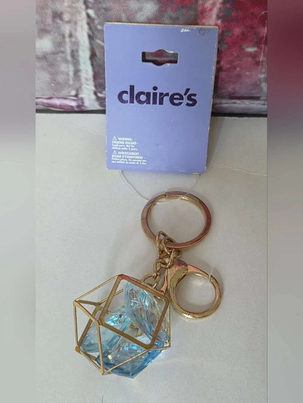 Claire's Gold Keychain with Blue Crystal Cube